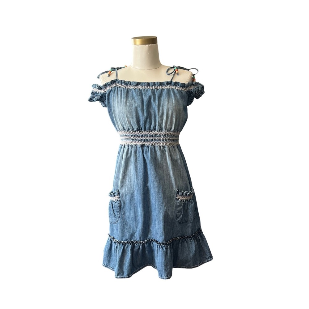 Wet Seal y2k Denim Dress Women's‎ Small Blue Ruffle Pockets Beaded Boho